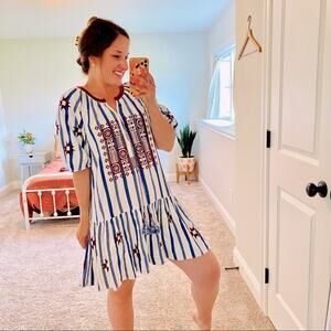 FIGUE Red White Blue Embroidered Puff Sleeve Mini Dress Medium M